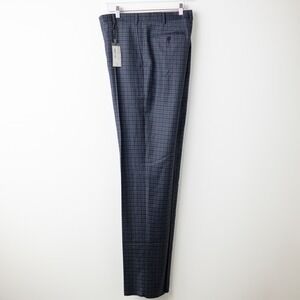 Zanella Devon Wool Dress Pants Mens 36 Blue Brown Plaid Unhemmed NEW - FLAWS